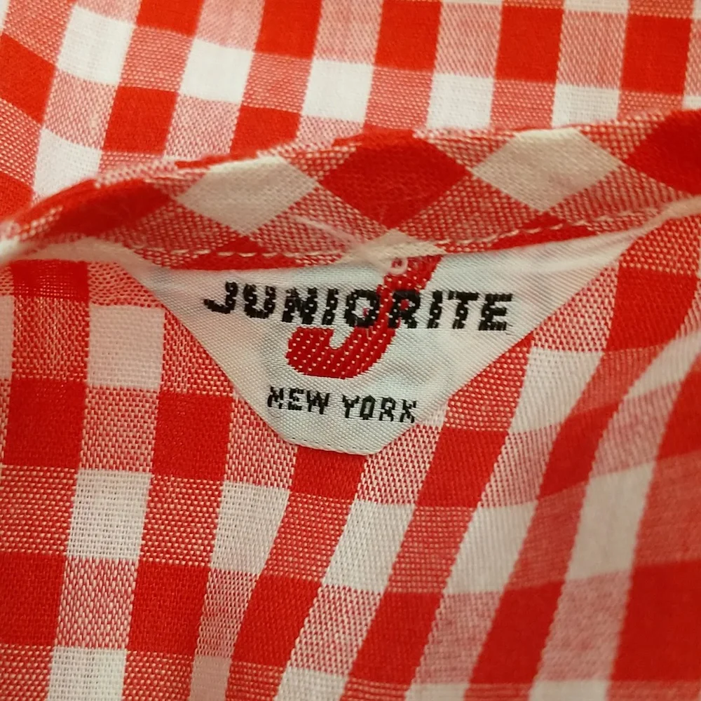 70s Vintage Gingham Check Crop Blouse Sleeveless Classic Red & White Lace Trim - Picture 5 of 8